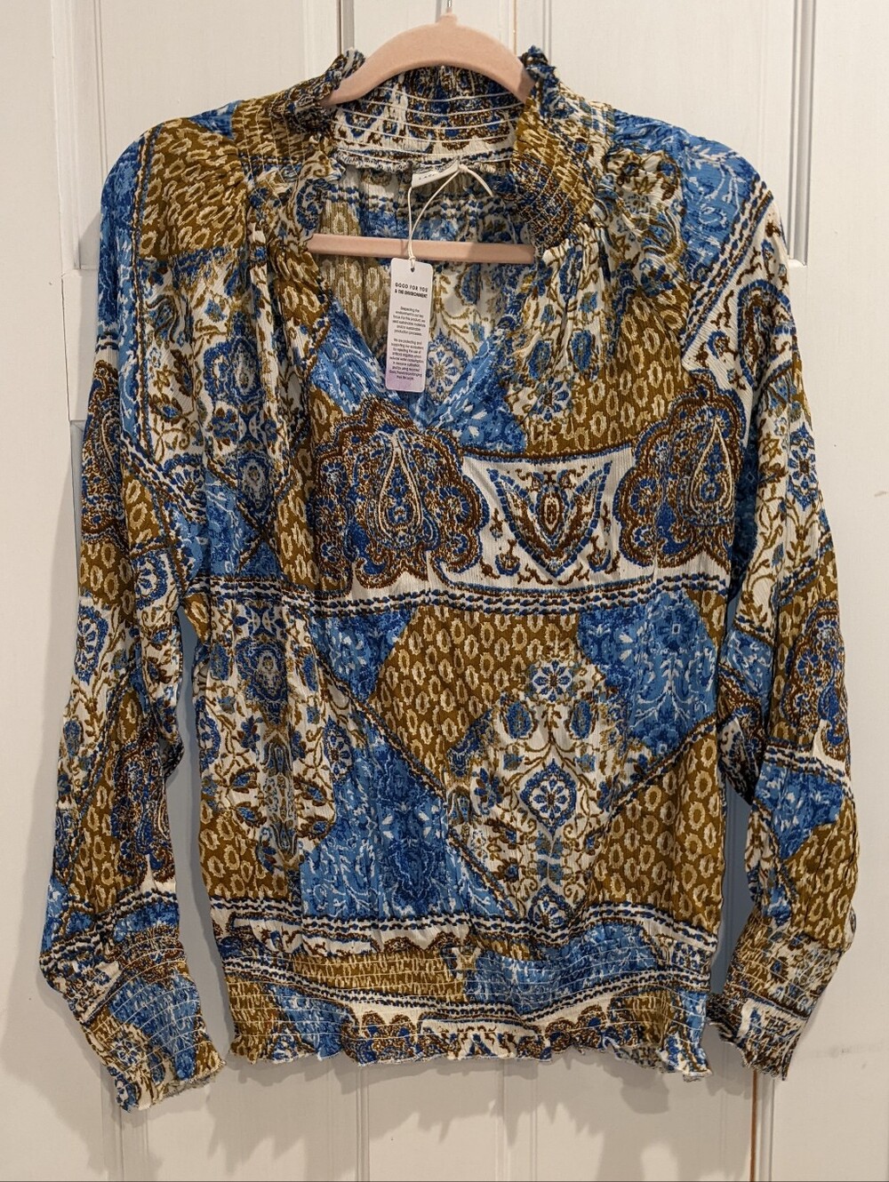 Lascana large boho women's blouse in blue and brown paisley pattern, NWT